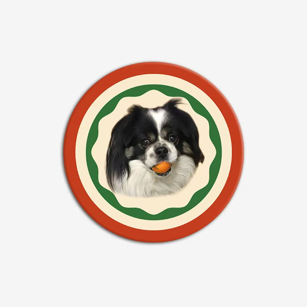 Dog portrait round rug with red and green border, printed on soft faux shearling.