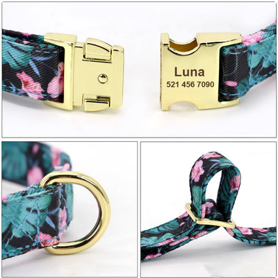 Close-up collage showing floral dog collar buckle, D-ring, and stitching details with engraved nameplate “Luna”.