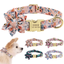 Personalized floral dog collar with gold engraved nameplate “COCO”, displayed with matching styles in different colors and a small dog model wearing the collar.