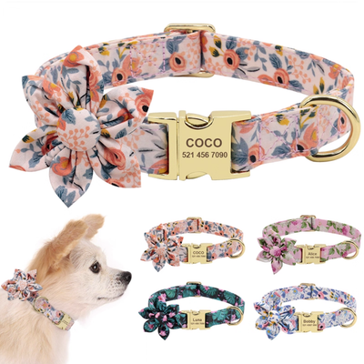 Personalized floral dog collar with gold engraved nameplate “COCO”, displayed with matching styles in different colors and a small dog model wearing the collar.