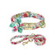 Colorful strawberry and leaf pattern dog collar and leash set with green bow flower.