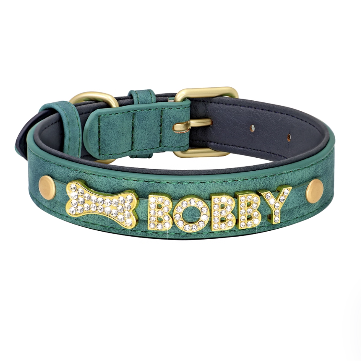 Green rhinestone pet collar with “BOBBY” name and bone-shaped charm.