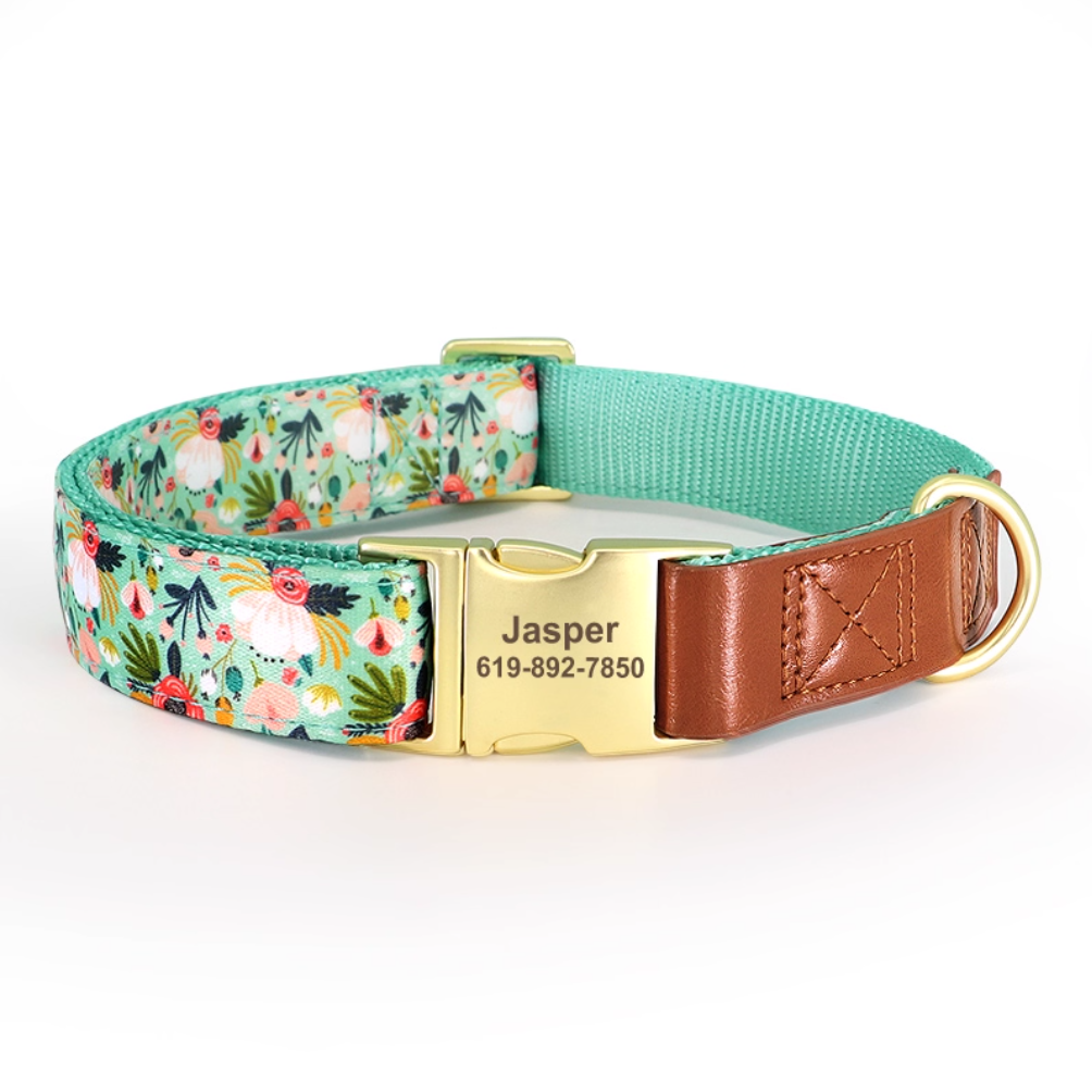 Green floral dog collar with engraved name buckle and brown leather accents.