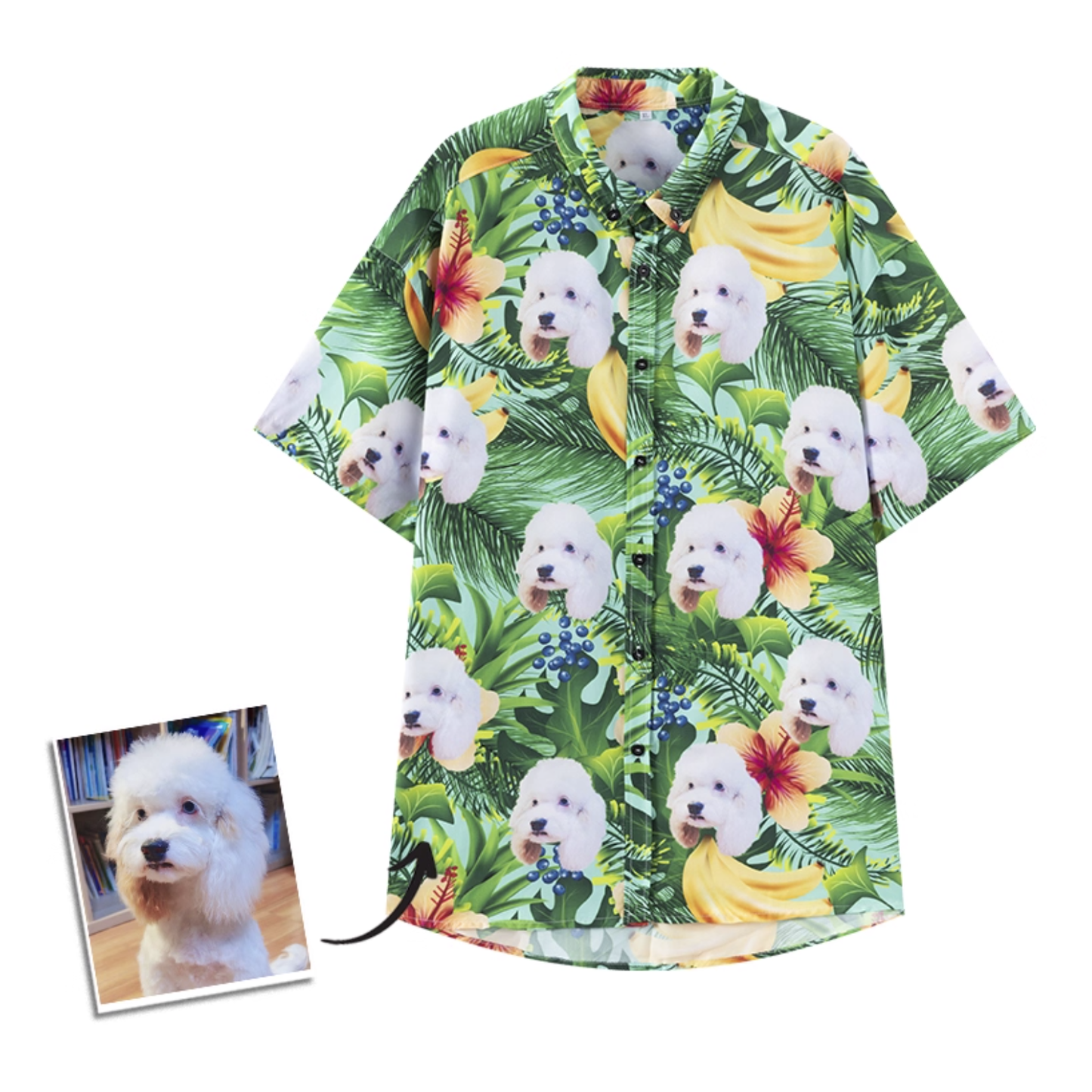 Personalized Hawaiian shirt with white dog faces and a banana-leaf tropical pattern on green.