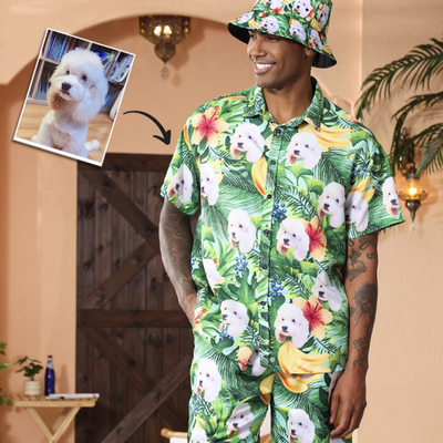 Personalized tropical Hawaiian shirt with dog face and banana leaf floral print, paired with matching shorts and bucket hat.