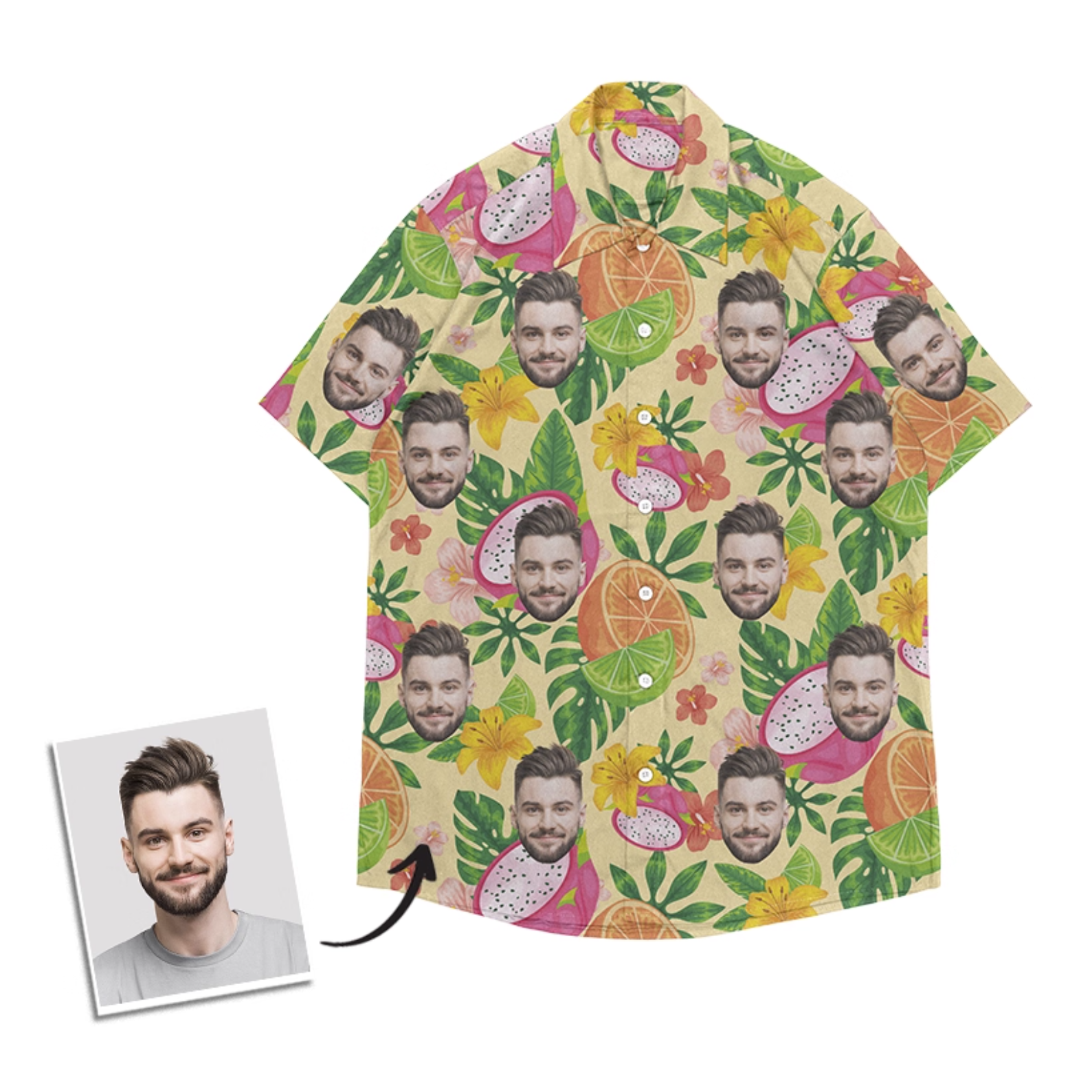 Personalized face shirt with dragon fruit and leafy tropical pattern on beige.