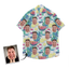 Fun personalized face Hawaiian shirt with bright summer fruit prints like watermelon, lemons, and tropical leaves.