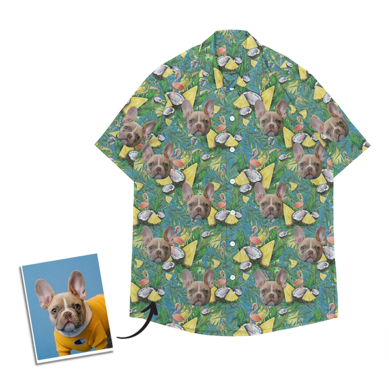 Personalized face Hawaiian shirt with a French Bulldog surrounded by pineapples, coconuts, and tropical leaves.