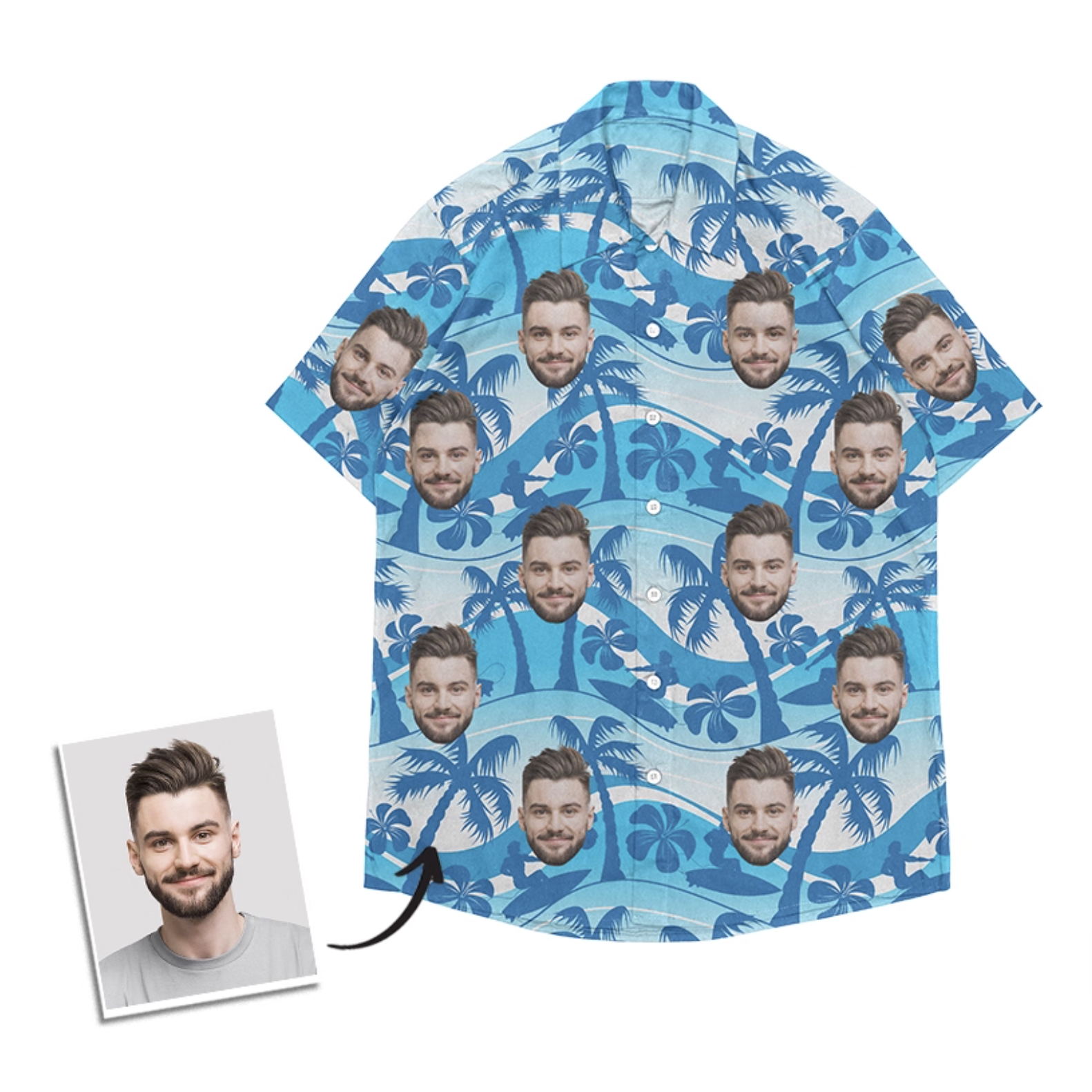 Custom face Hawaiian shirt with a man’s portrait repeated over blue palm trees and wave patterns.
