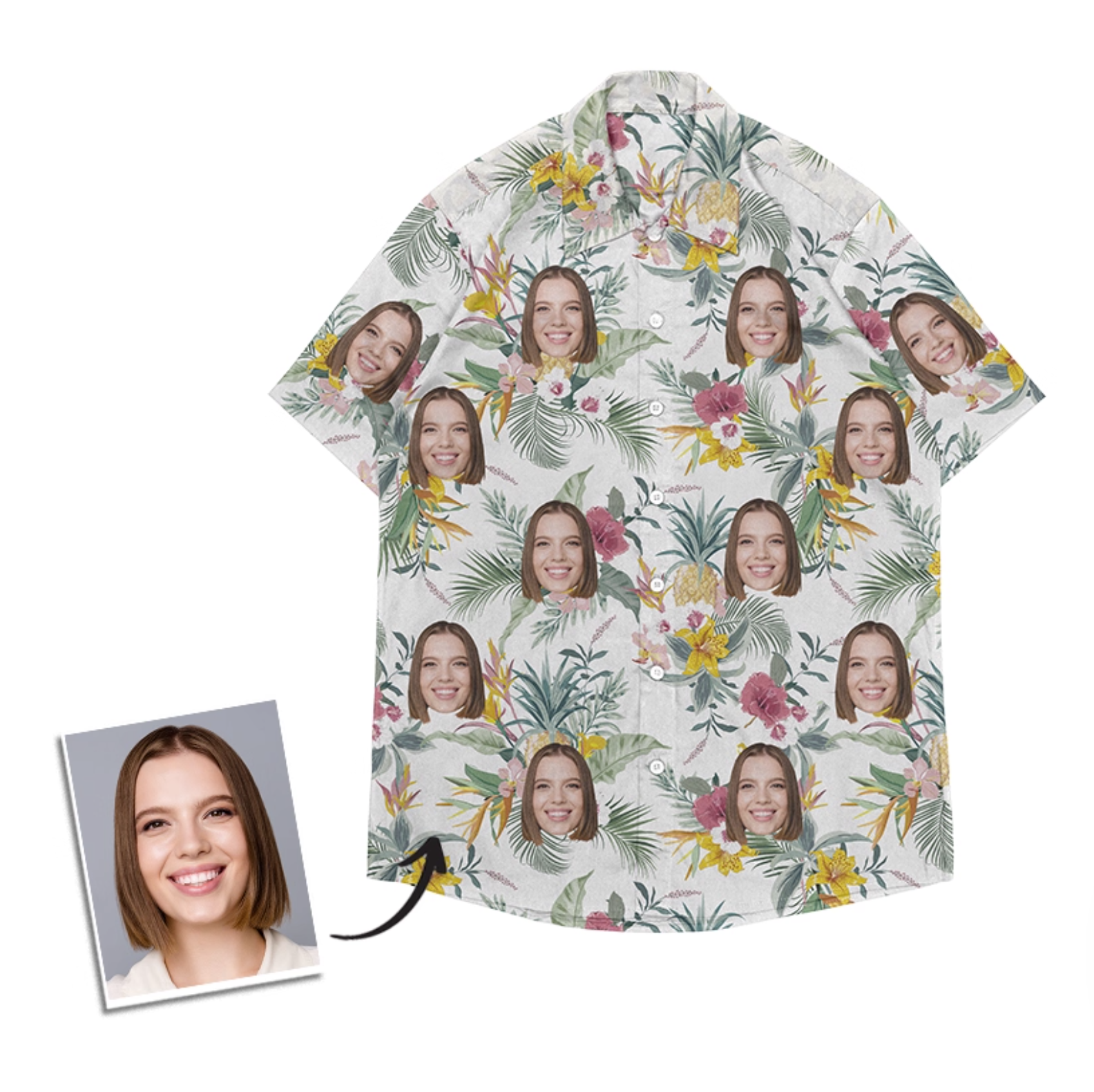 Custom woman’s face Hawaiian shirt with mixed tropical florals on a light background.