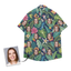 Personalized woman’s face Hawaiian shirt with navy jungle leaves and bright florals.