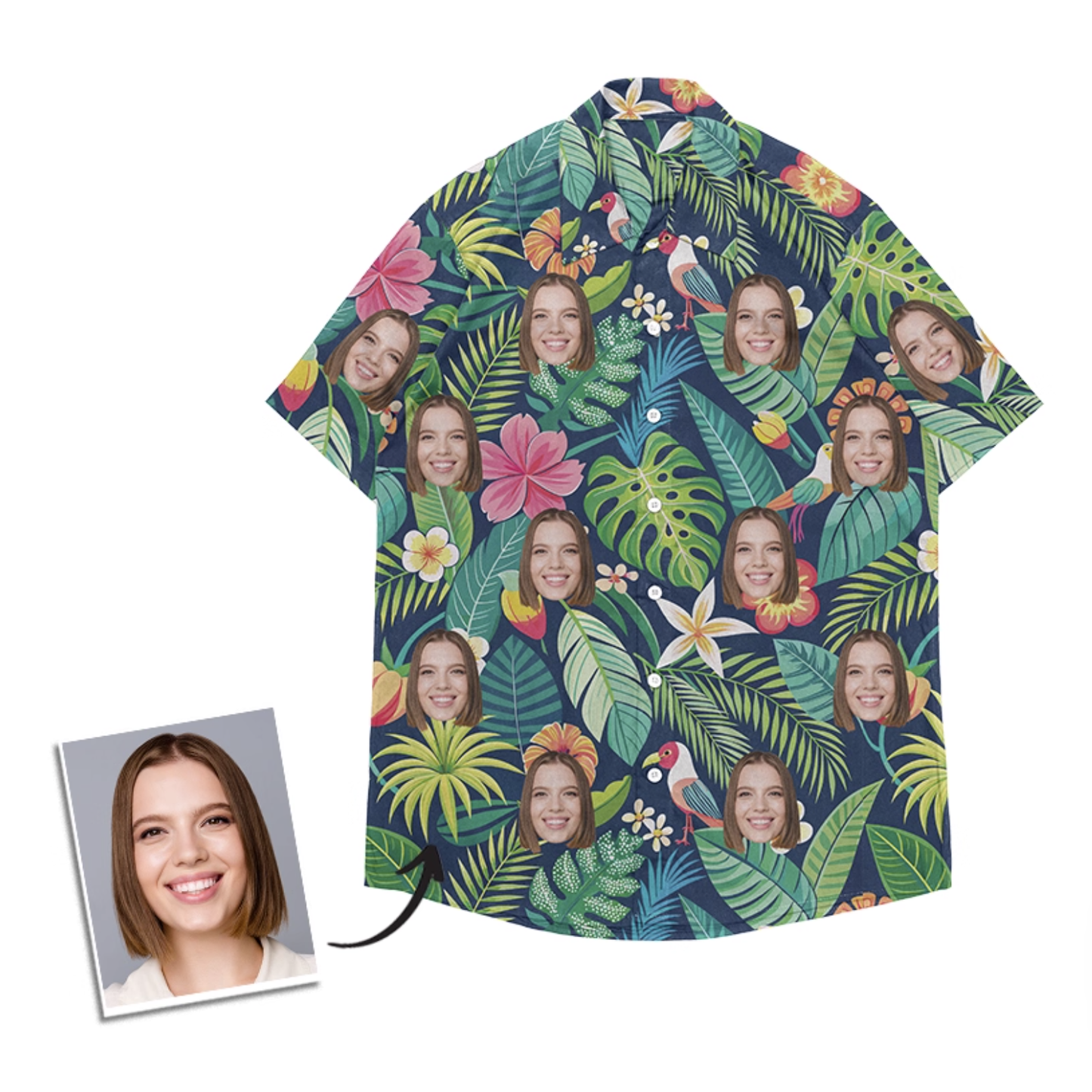 Personalized woman’s face Hawaiian shirt with navy jungle leaves and bright florals.
