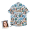 Custom face Hawaiian shirt featuring a woman’s portrait with palm tree and sunset prints on a beige background.