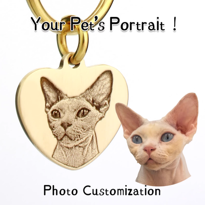 Custom heart-shaped brass tag with engraved cat portrait from photo.