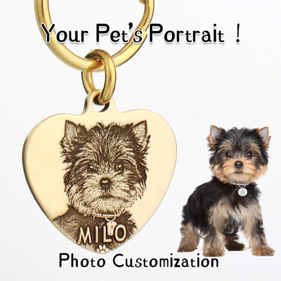 Personalized heart-shaped brass pet tag with engraved dog photo and name Milo.
