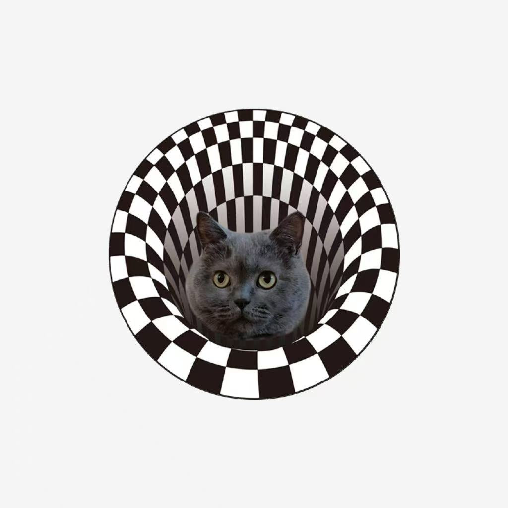 3D optical illusion checkered cat rug, unique faux shearling round design.