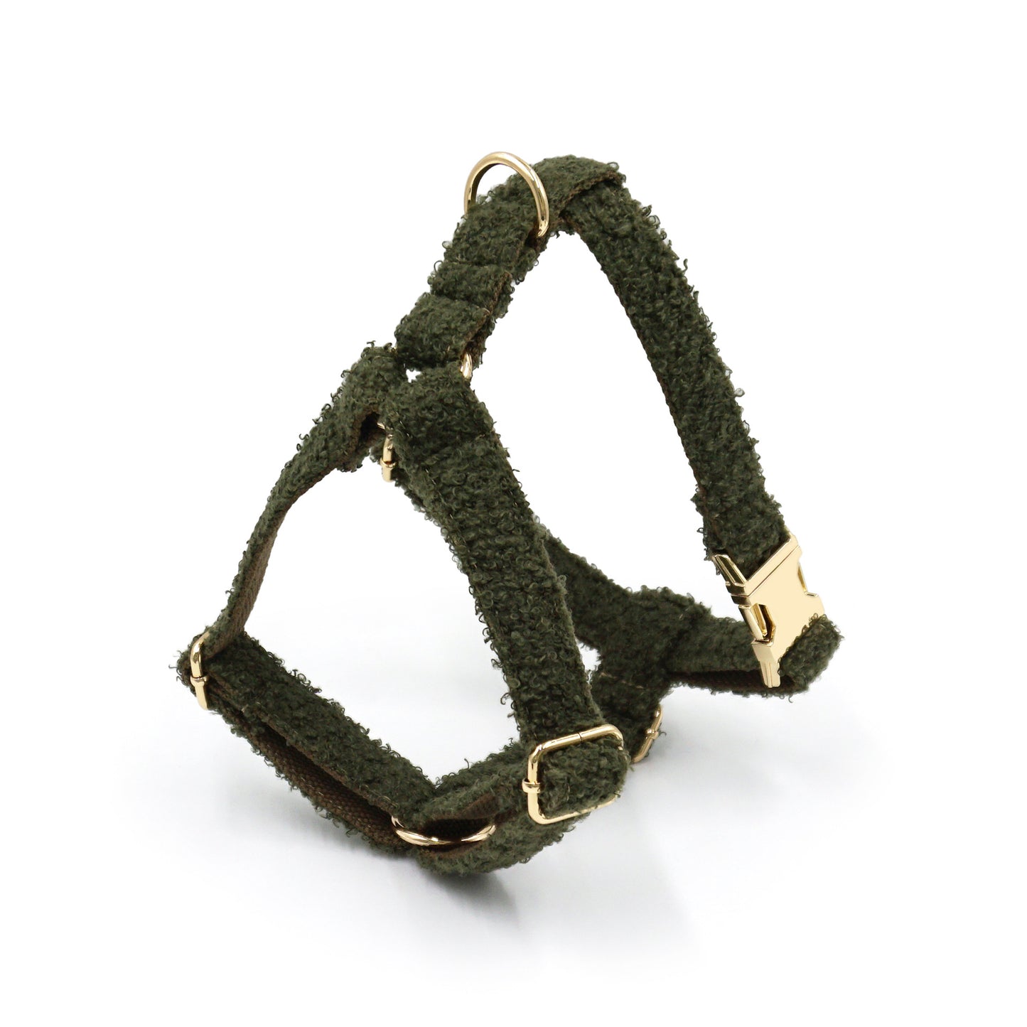 Olive green fleece dog harness with custom engraved gold buckle