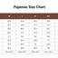 Detailed pajamas size chart showing top length, shoulder width, bust, sleeve, pants, hip, and waist measurements in inches