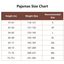 Pajamas size chart showing recommended sizes based on height and weight in inches and pounds