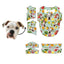Bulldog face pattern with pineapples, lemons, and pomegranates on light green tropical background