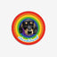 Personalized dachshund rug with rainbow background and name text, round faux shearling mat.