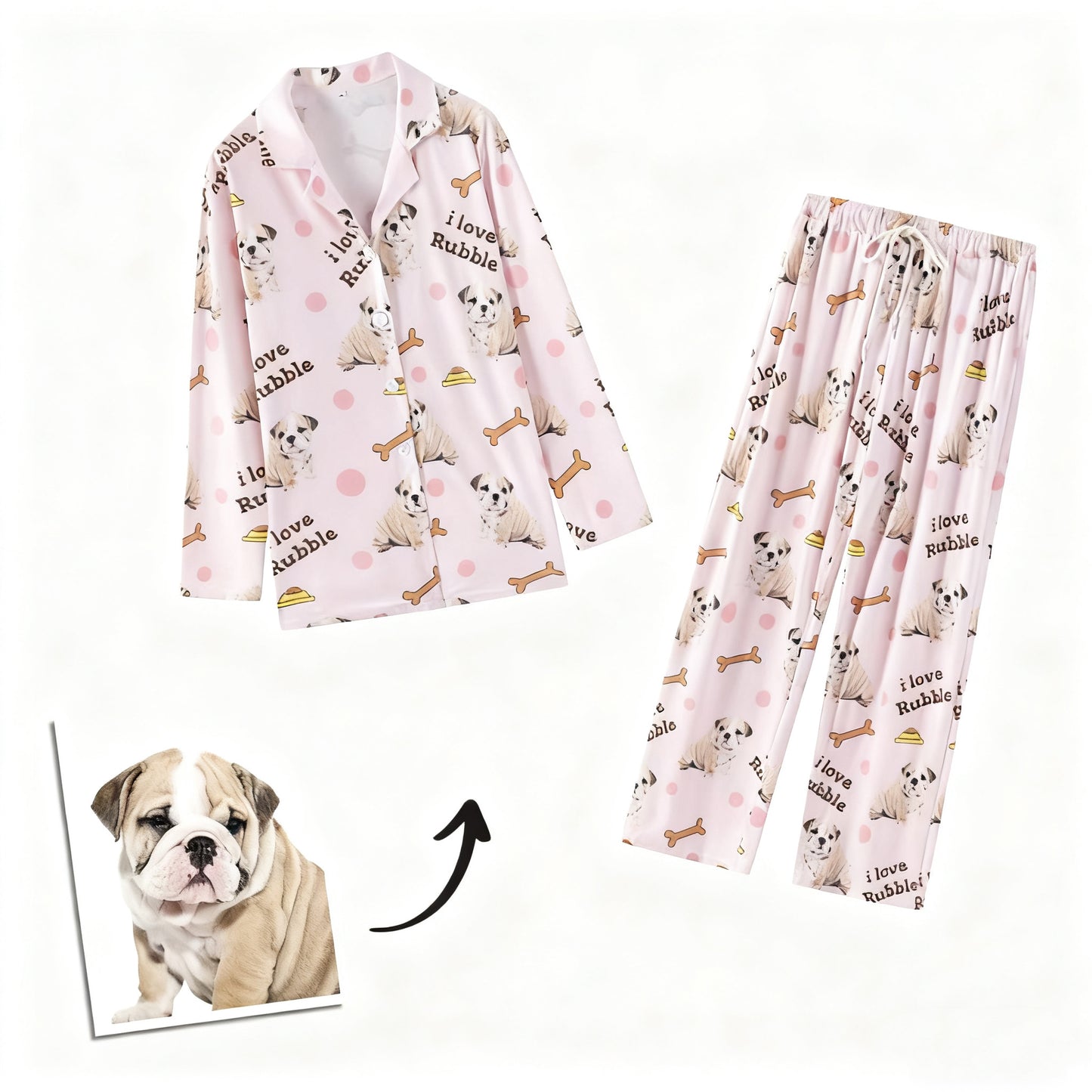 Light pink pajamas printed with Bulldog faces and “I love Rubble” design