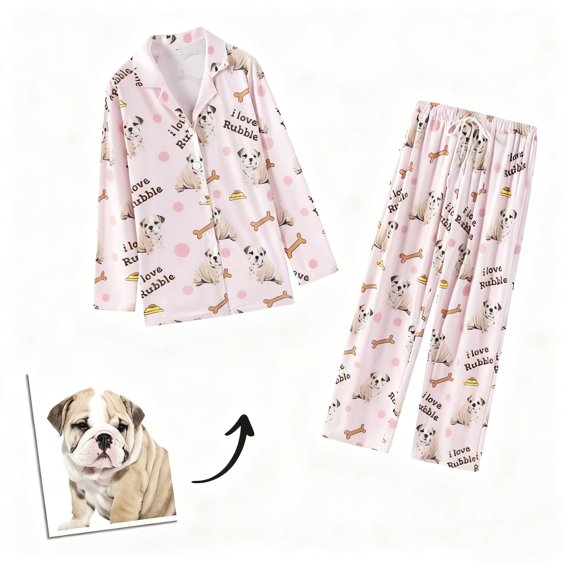 Light pink pajamas printed with Bulldog faces and “I love Rubble” design