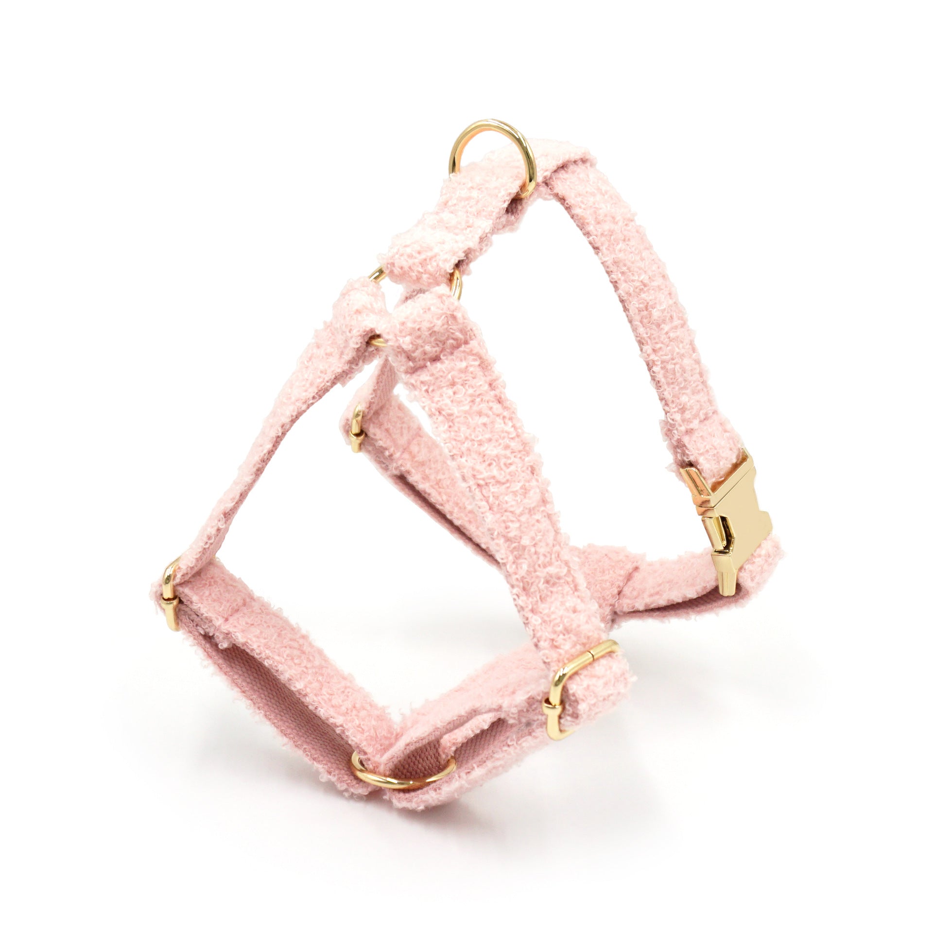 Pink fleece dog harness with engraved gold buckle