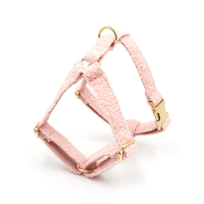 Pink fleece dog harness with engraved gold buckle