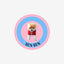 Custom Pomeranian rug with name “BEN BEN,” round faux shearling carpet in pink and blue.