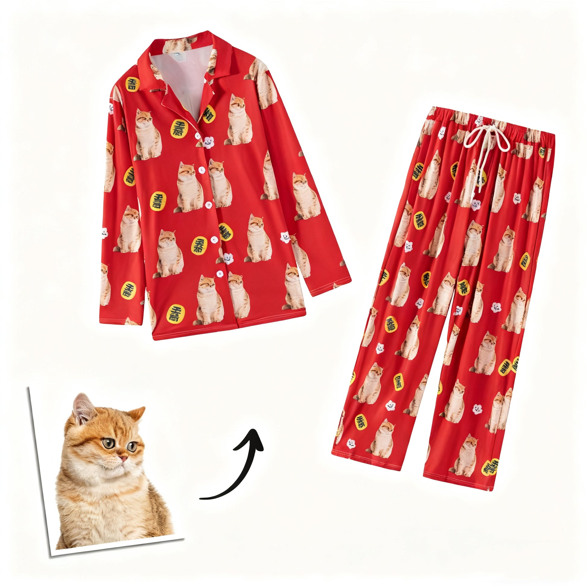 Red pajamas set with cat print and lucky symbols for a festive look