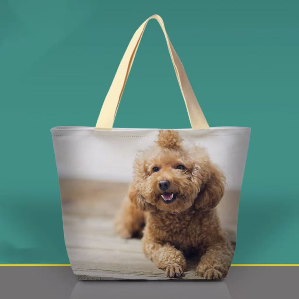 Custom canvas tote bag featuring a relaxed poodle portrait, pet photo print