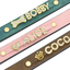 Close-up of green, pink, and brown pet collars with rhinestone letters and gold charms.
