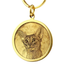 Custom round brass pet tag with deep engraved cat portrait in 3D relief.
