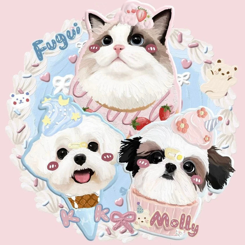 Custom Pet Digital Avatar From Your Pet Photo Deluxe three pets pink floral wreath