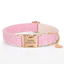 Soft pink nylon dog collar with engraved buckle and pink daisy charm.
