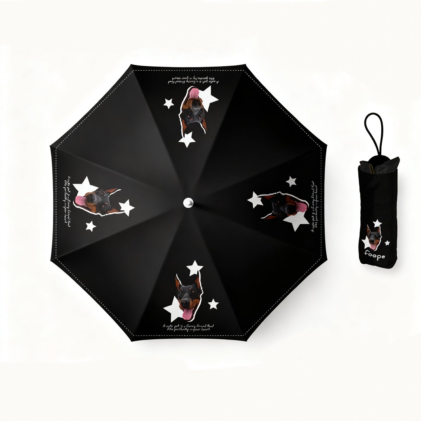 Black custom pet umbrella featuring a Doberman design and white star prints.