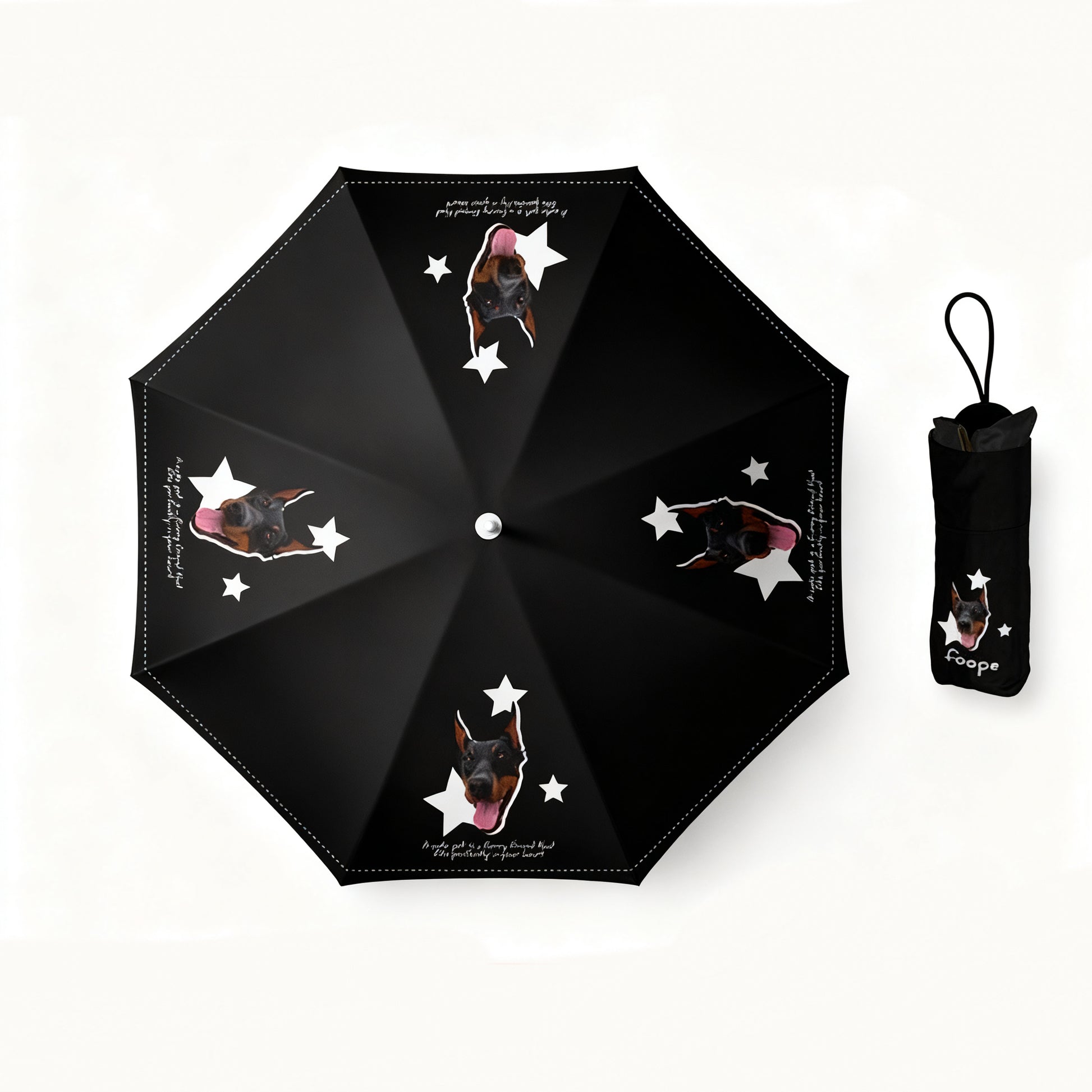 Black custom pet umbrella featuring a Doberman design and white star prints.