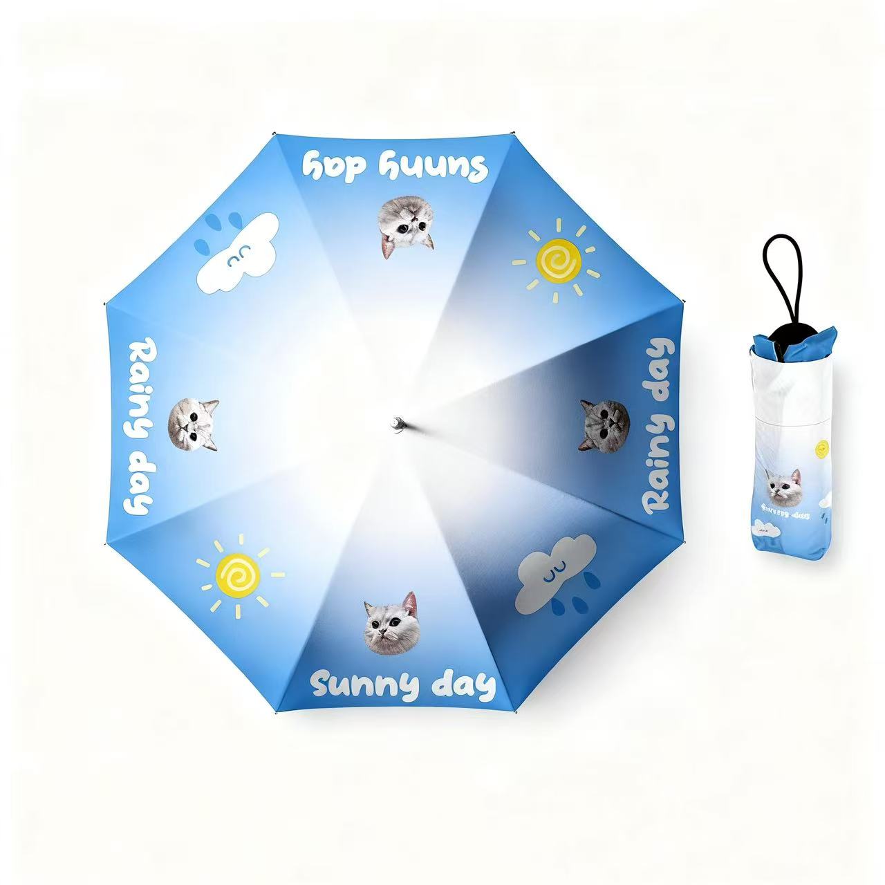Blue umbrella with cat faces and “Rainy day / Sunny day” prints, with matching pouch.