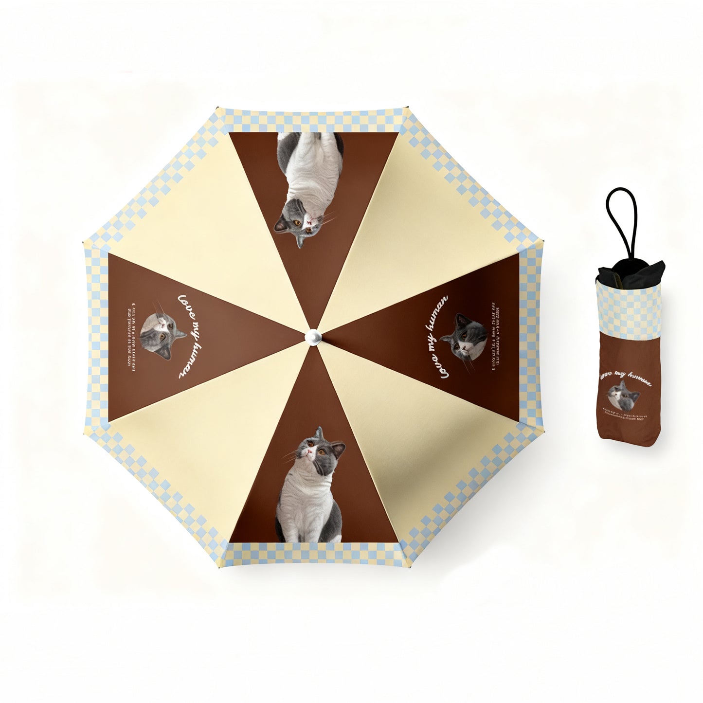 Brown and cream checkered umbrella featuring gray cat portraits, includes travel pouch.