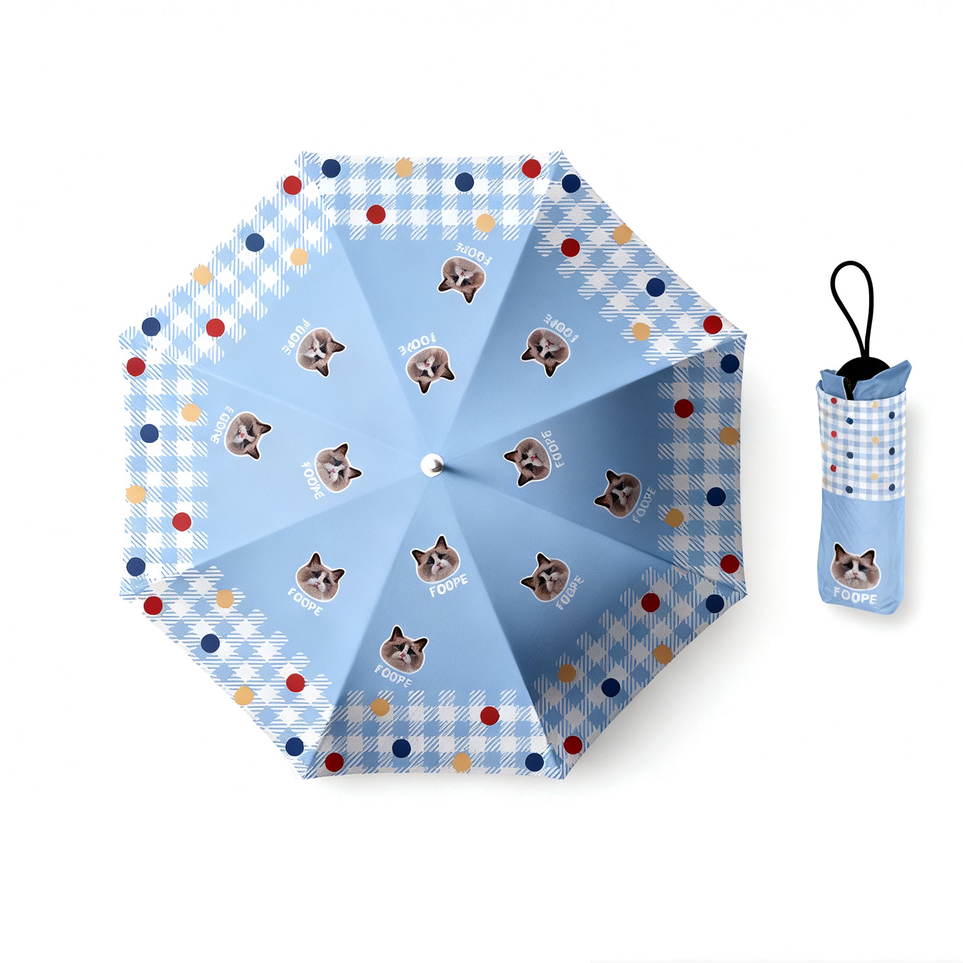 Blue umbrella with plaid pattern and multiple Siamese cat portraits, includes matching pouch.