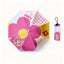 Colorful pink flower umbrella with cat portrait, checkered panels, and matching pouch.