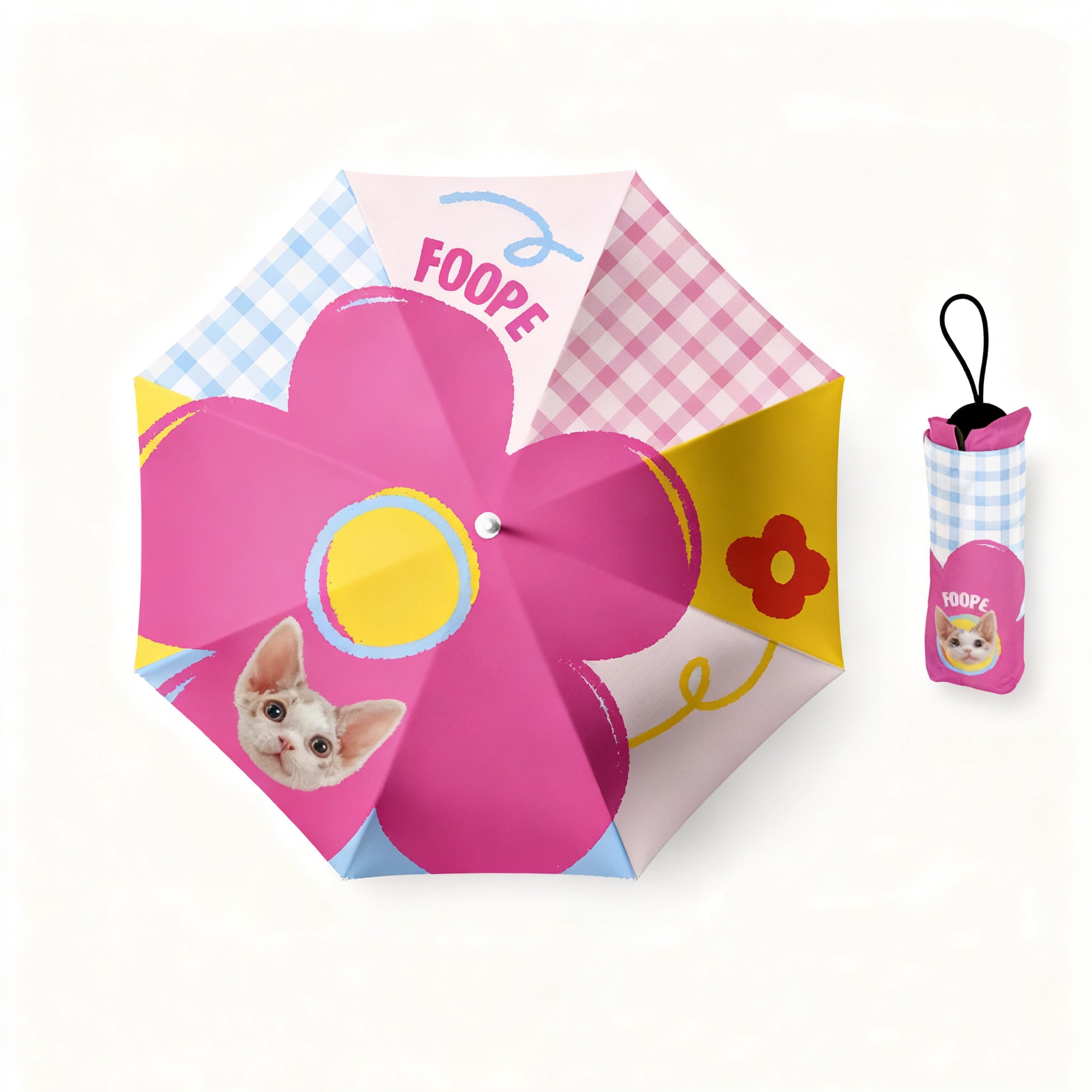 Colorful pink flower umbrella with cat portrait, checkered panels, and matching pouch.