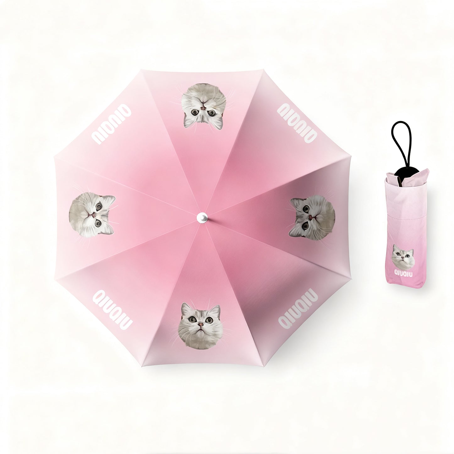 Pink pet umbrella with white cat portraits and matching pink pouch.