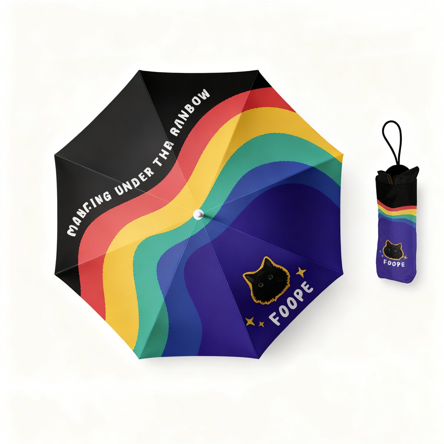 Black umbrella with rainbow stripes and black cat illustration, includes coordinated pouch.
