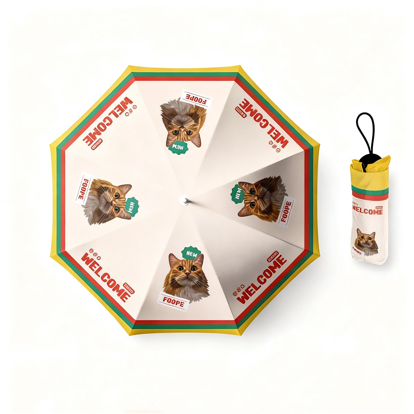 Cream and yellow umbrella featuring orange cat portraits and “Welcome” text in red and green accents.
