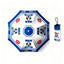 Blue and white umbrella with Dalmatian portraits and milk-themed “100% Fresh” design.