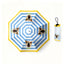 Blue and yellow striped umbrella with corgi portraits and “FOOPE” logo.