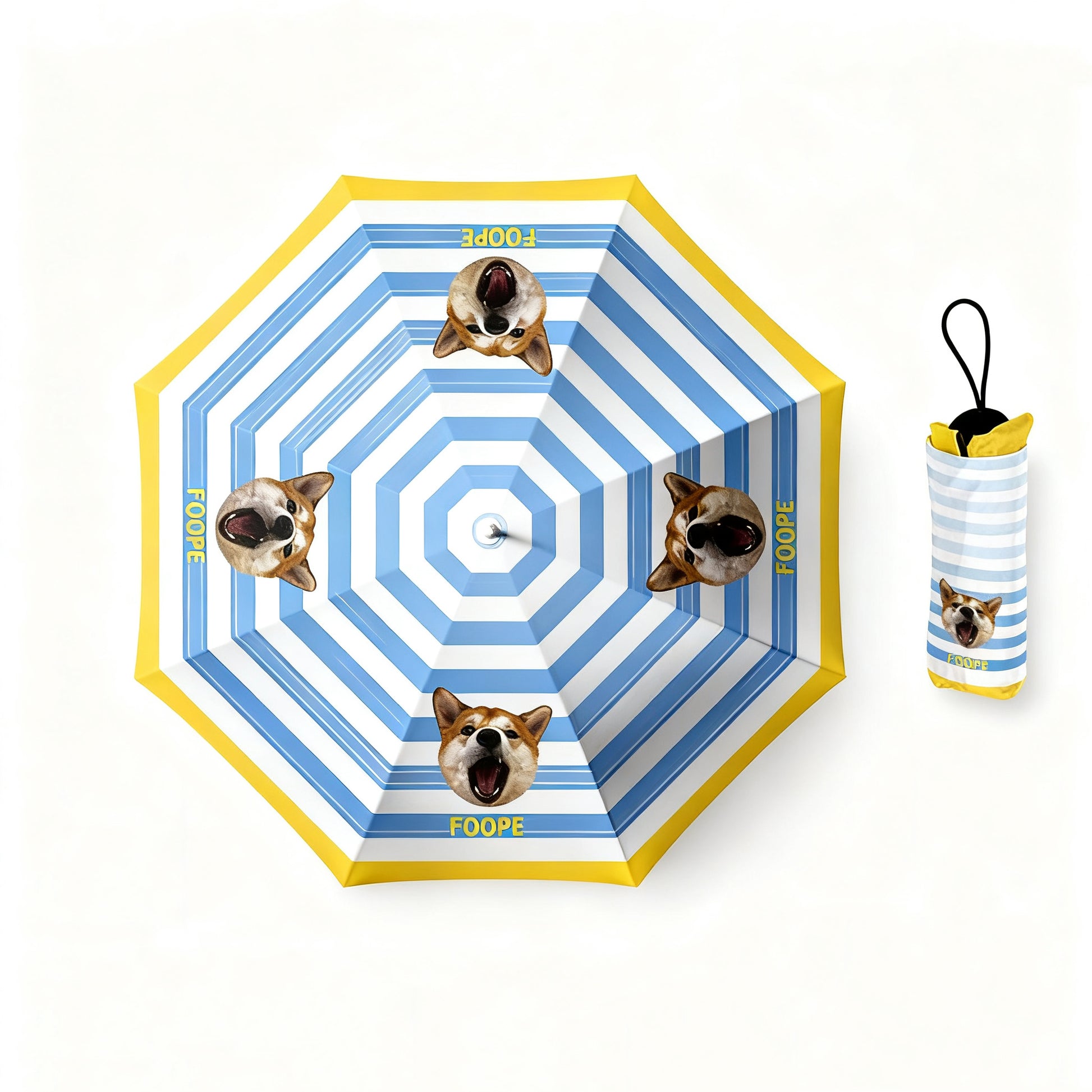 Blue and yellow striped umbrella with corgi portraits and “FOOPE” logo.