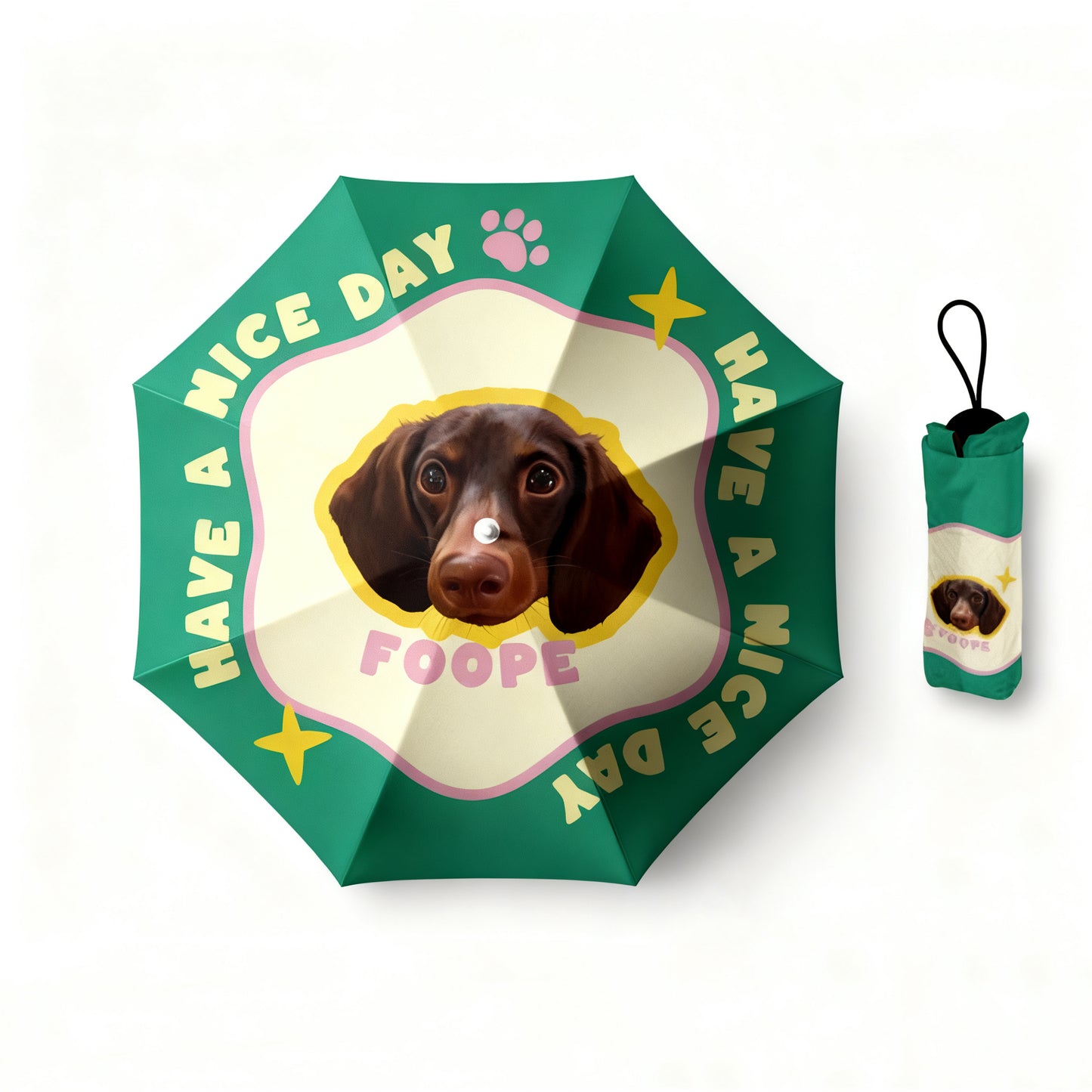 Green umbrella featuring a brown dachshund portrait and “Have a Nice Day” text with stars and paw prints.